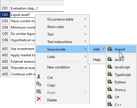importing of source elements from decision tables